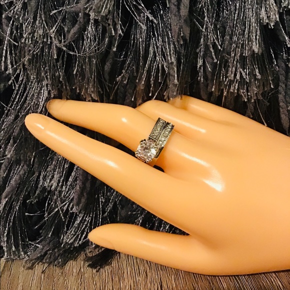 Silver Double Rings Set Shiny Stone For Lover 2 Pcs - Picture 6 of 6